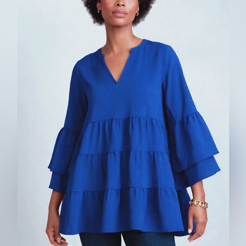 Zenana Women's Royal Blue Tiered V-Neck Bell Sleeve Top